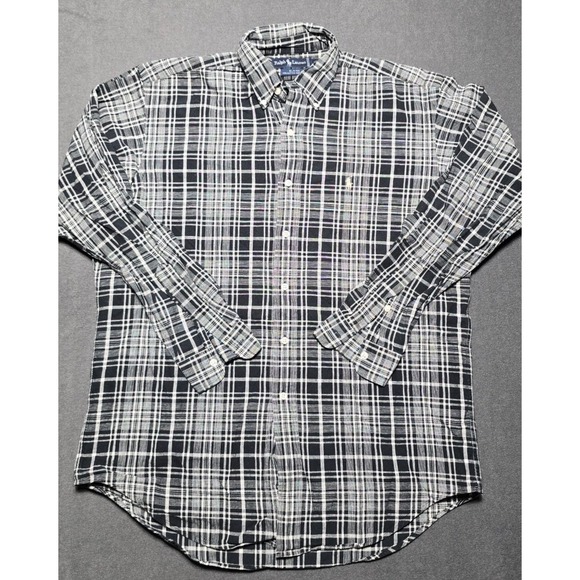 Ralph Lauren Men's Plaid Check Button Down Shirt Relaxed Fit Medium Black Gray - Picture 1 of 6